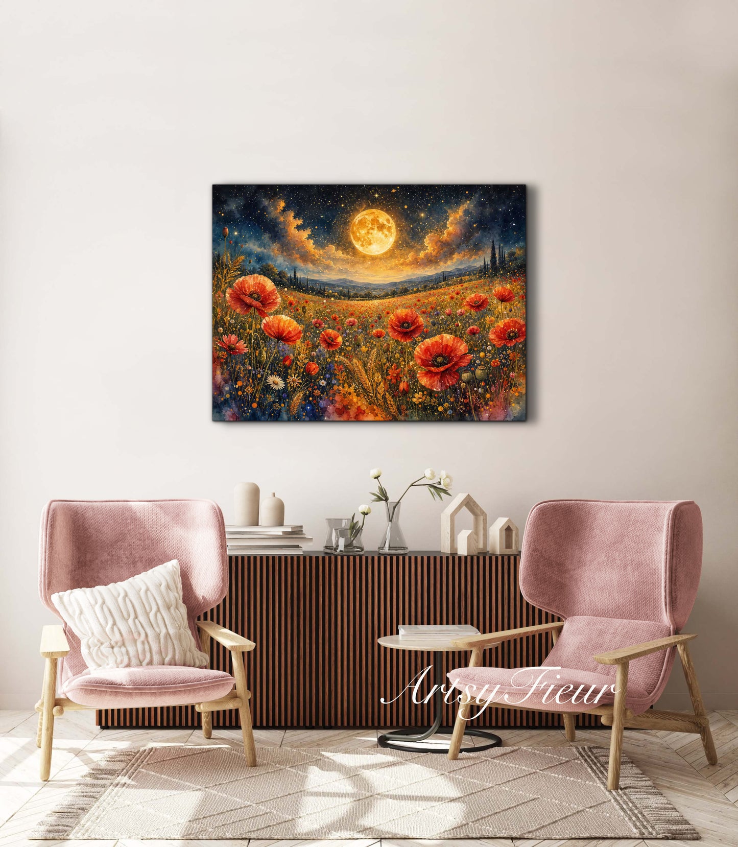 Framed Canvas Print- Vibrant Wildflowers and Poppies Oil Painting Textured Wall Art , Beautiful Original Artwork Ready to Hang Living Room, Floral