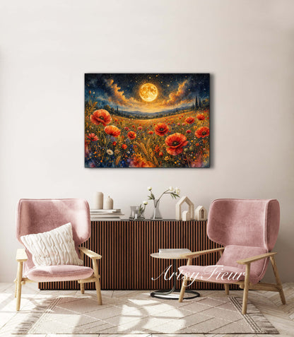 Framed Canvas Print- Vibrant Wildflowers and Poppies Oil Painting Textured Wall Art , Beautiful Original Artwork Ready to Hang Living Room, Floral