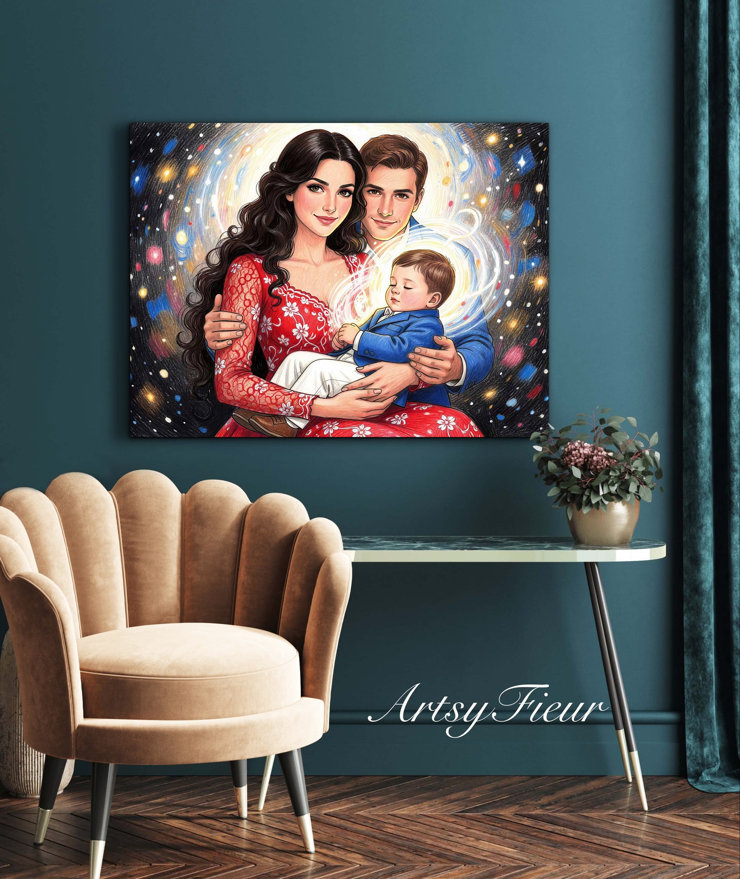 Framed Canvas- Vibrant Mother and Son Dad Family Portrait Fantasy Drawing Wall Art Print