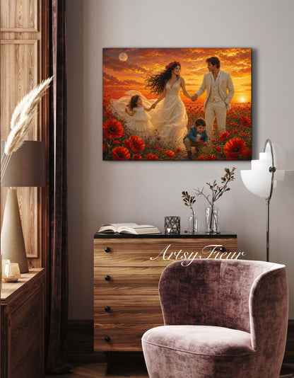 Framed Canvas- Vibrant Poppies Field Bride Groom Mother Daughter and Baby boy Portrait Whimsical Full Moon Sunset Fantasy Oil Painting Wall Art Print