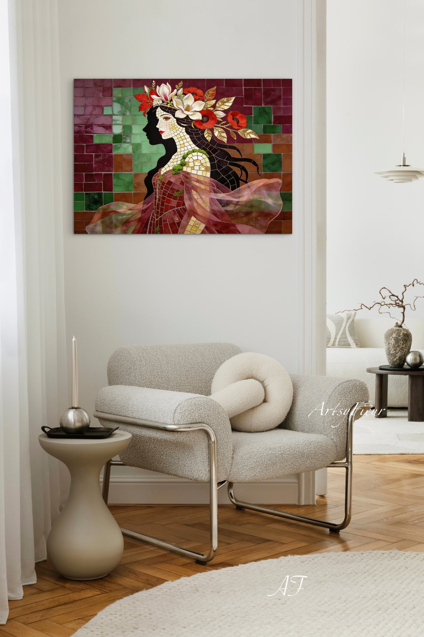Framed Canvas- Vibrant Magnolia Flowers Beautiful Brunette Woman’s Abstract Portrait Mosaic Original Artwork Fantasy Wall Art Print Mother Nature