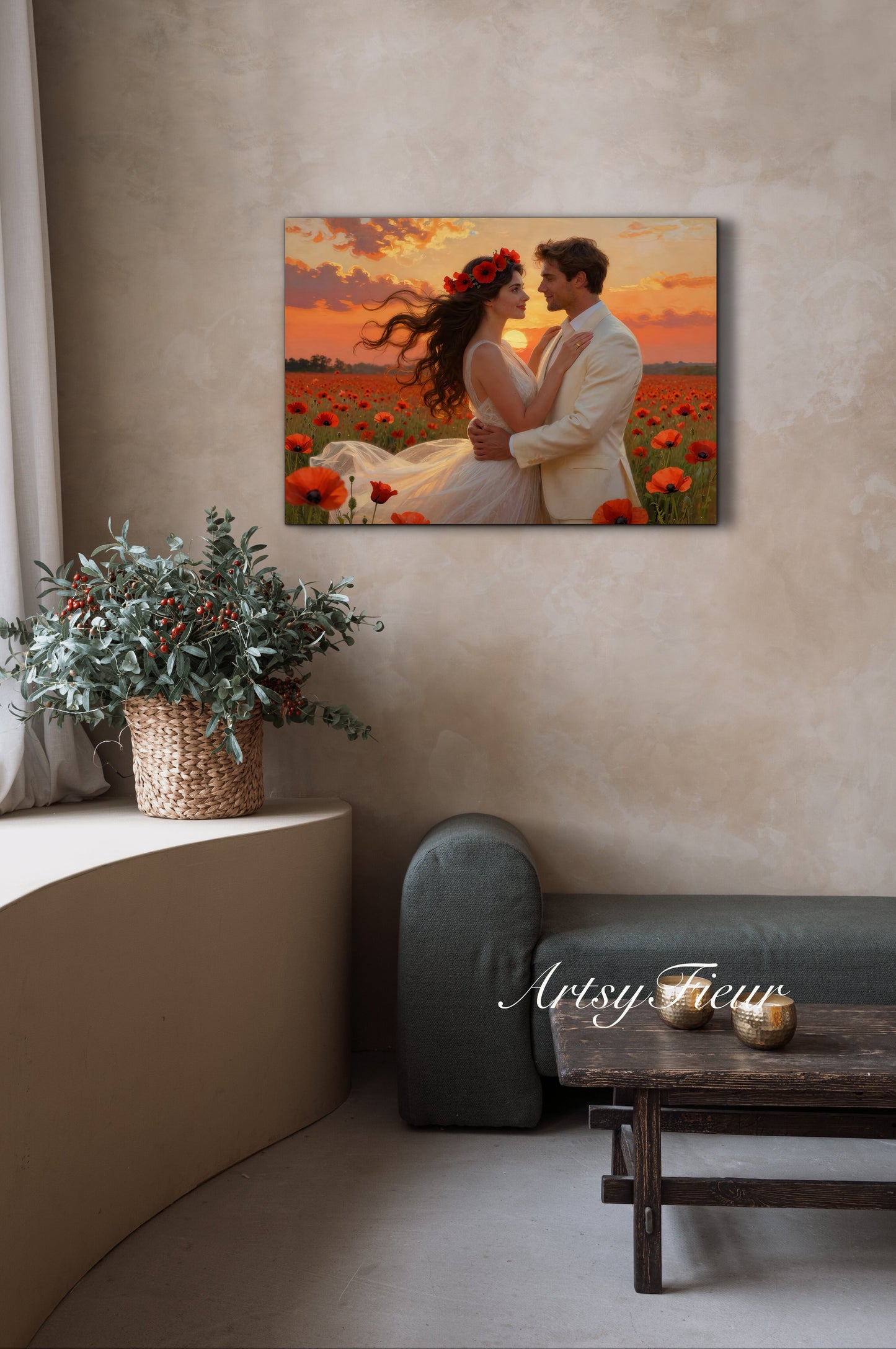 Framed canvas- whimsical full moon sunset bride and groom, wedding, poppy field, vibrant colours living room original artwork, fantasy oil painting wall art print