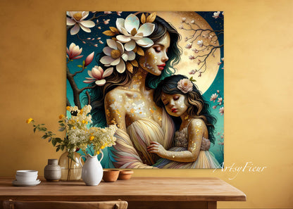 Framed canvas- ready to hang wall art print, abstract mother and daughter portrait Mosaic Magnolia Flowers