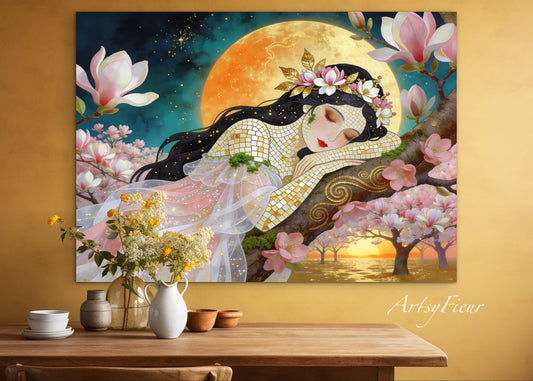 Framed Canvas- Vibrant Magnolia Flowers Beautiful Brunette Woman’s Abstract Portrait Mosaic Original Artwork Fantasy Wall Art Print Mother Nature