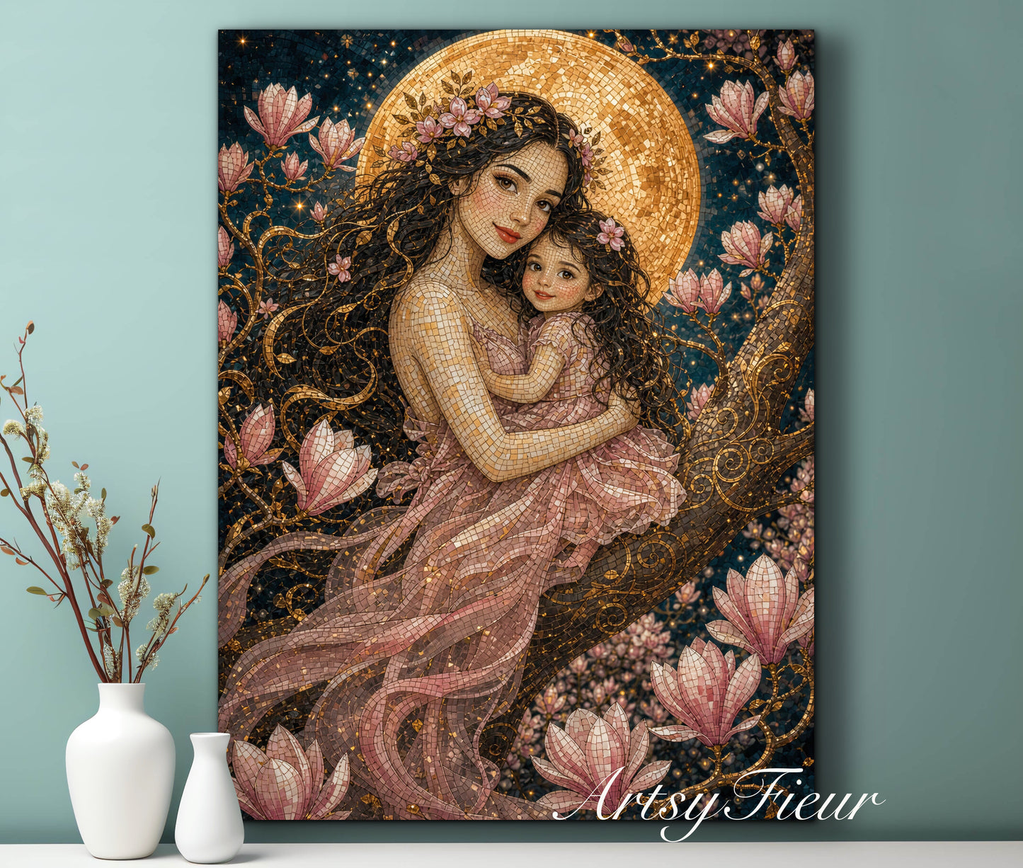Framed canvas- Abstract Portrait Mosaic Fairy Beautiful Brunette Mother and Daughter Vibrant Magnolia Flowers Fantasy Wall Art Print