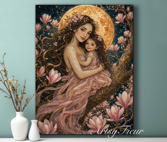 Framed canvas- Abstract Portrait Mosaic Fairy Beautiful Brunette Mother and Daughter Vibrant Magnolia Flowers Fantasy Wall Art Print