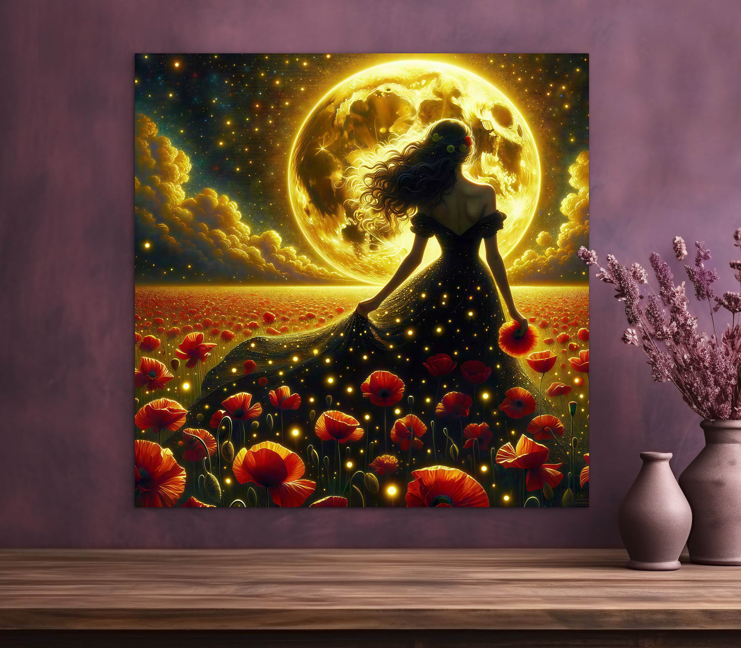 Framed Canvas - Vibrant Poppies Whimsical Full Moon Bride in Poppy Field, Wall Art Ready to hang Oil Painting Original Artwork Print Black Wedding Dress