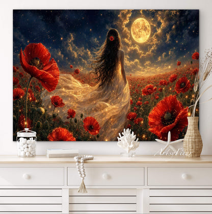 Framed Canvas - Vibrant Poppies Whimsical Full Moon Bride in Poppy Field, Wall Art Ready to hang Oil Painting Original Artwork Print