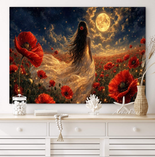 Framed Canvas - Vibrant Poppies Whimsical Full Moon Bride in Poppy Field, Wall Art Ready to hang Oil Painting Original Artwork Print
