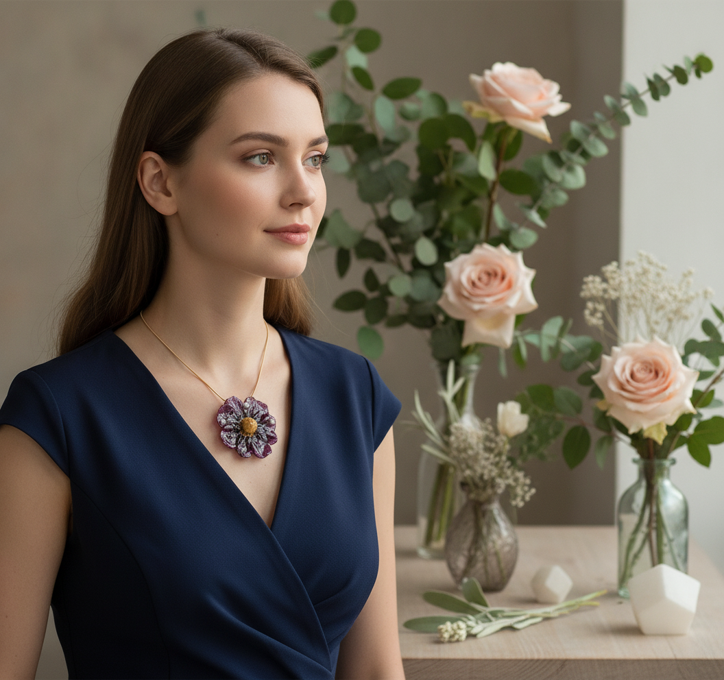 *REAL FLOWER Purple Dahlia Necklace | Preserved flower in resin | Floral pendant on chain | Hypoallergenic Gold Plated