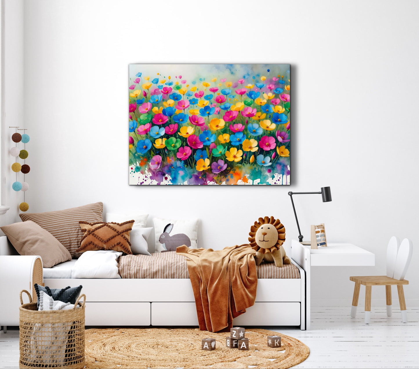Framed canvas- ready to hang wall art print, beautiful vibrant colours watercolour fantasy painting wildflowers ,floral landscape, unique gift, one of a kind original artwork