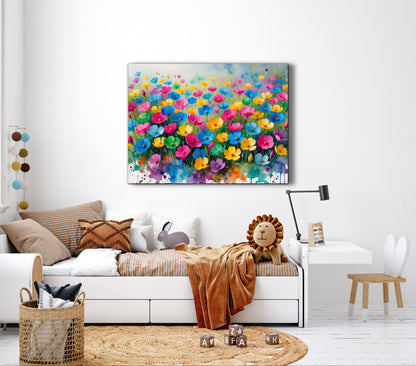 Framed canvas- ready to hang wall art print, beautiful vibrant colours watercolour fantasy painting wildflowers ,floral landscape, unique gift, one of a kind original artwork