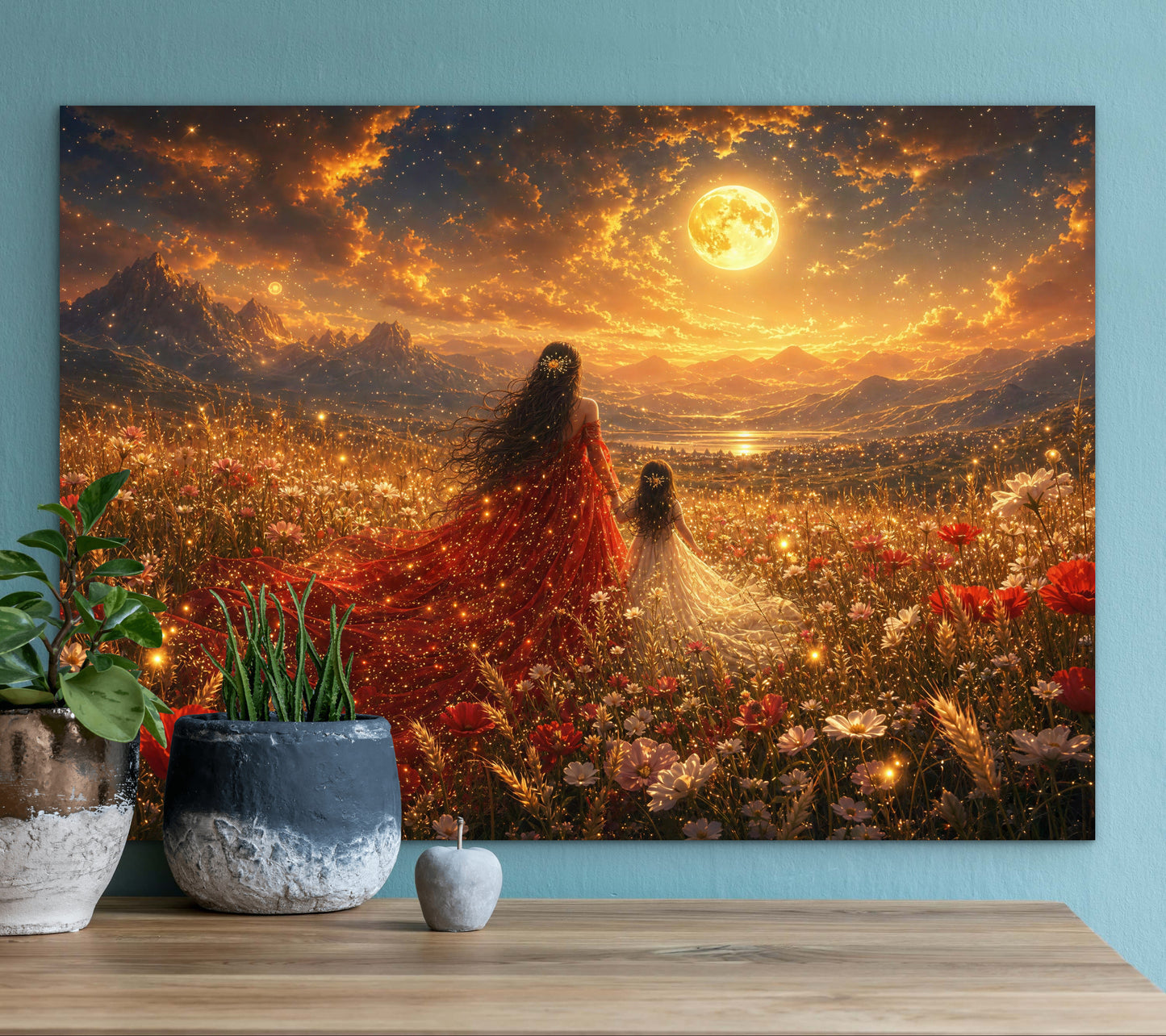 Framed Canvas- Vibrant Mother and Daughter Portrait Wildflowers Field Whimsical Landscape, Beautiful Gold Full Moon, Fantasy Floral Print