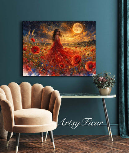 Framed Canvas - Vibrant poppies and wildflowers Whimsical Full Moon starry night sky Bride in Poppy Field, Wall Art Ready to hang original Artwork Print Red Dress