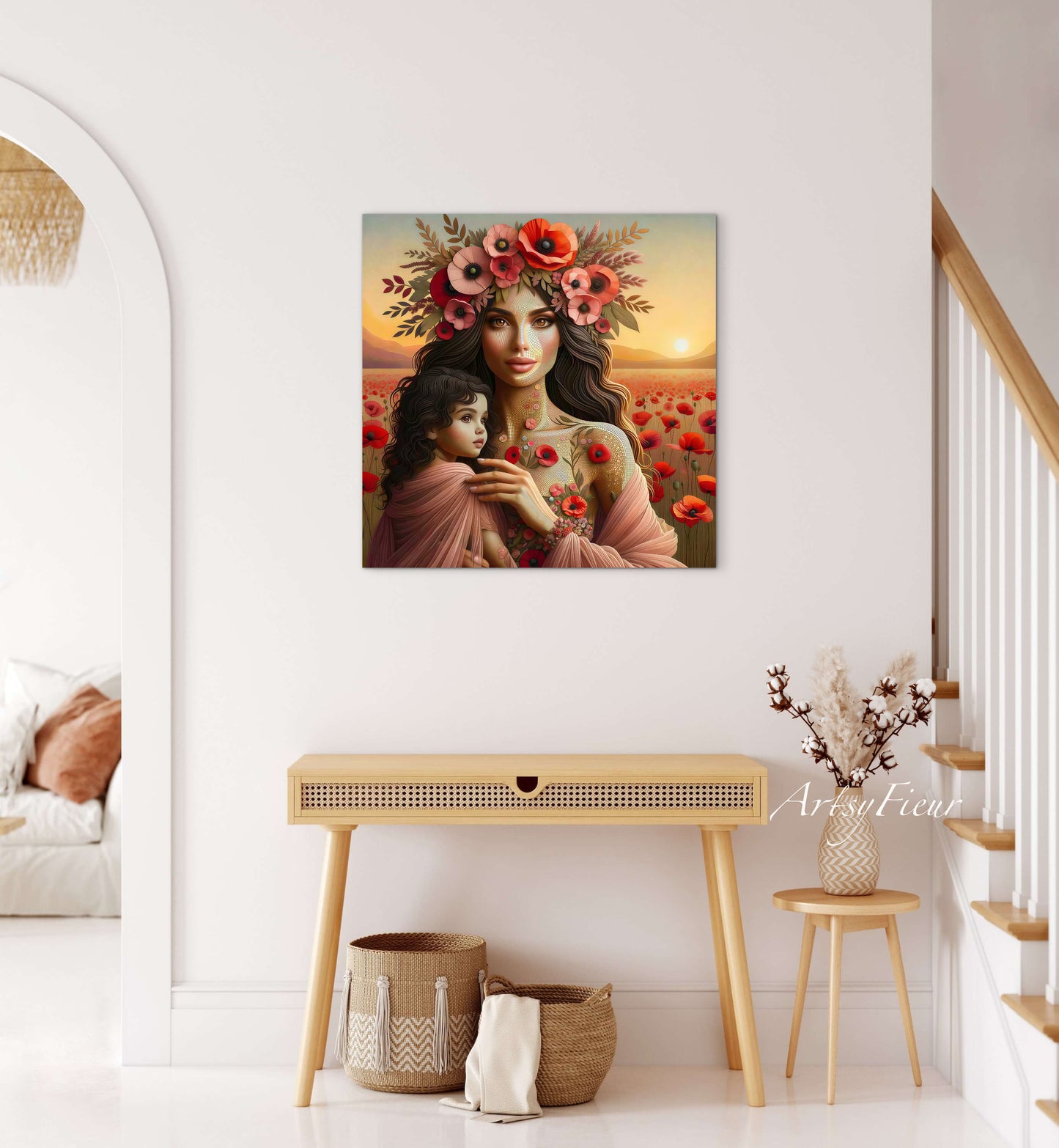 Framed Canvas- Vibrant Poppies Mother and Daughter Portrait Whimsical Full Moon Sunset Fantasy Oil Painting Wall Art Print