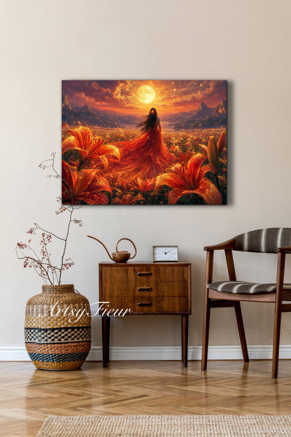 Framed Canvas - Vibrant Lilies Whimsical Full Moon Bride in Poppy Field, Wall Art Ready to hang Oil Painting Original Artwork Print Red Wedding Dress