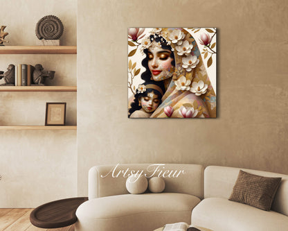 Framed canvas- ready to hang wall art print, abstract mother and daughter portrait Mosaic Magnolia Flowers Indian Beautiful Woman