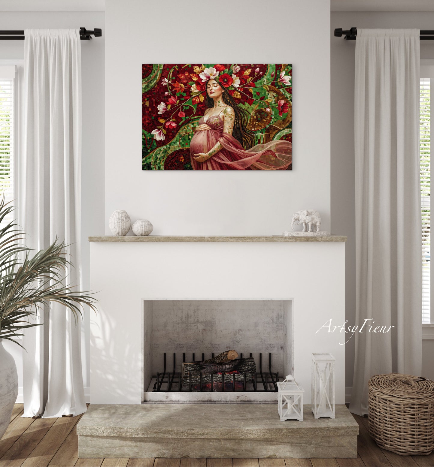 Framed Canvas- Vibrant Magnolia Flowers Beautiful Brunette Pregnant Woman’s Abstract Portrait Mosaic Original Artwork Fantasy Wall Art Print Mother Nature