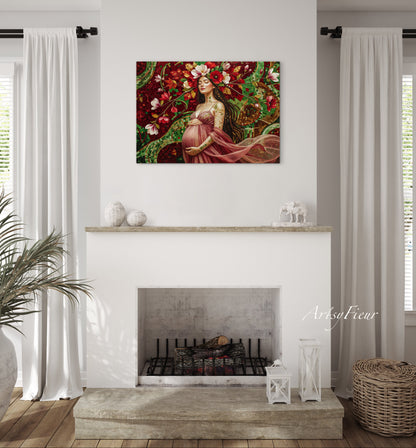 Framed Canvas- Vibrant Magnolia Flowers Beautiful Brunette Pregnant Woman’s Abstract Portrait Mosaic Original Artwork Fantasy Wall Art Print Mother Nature