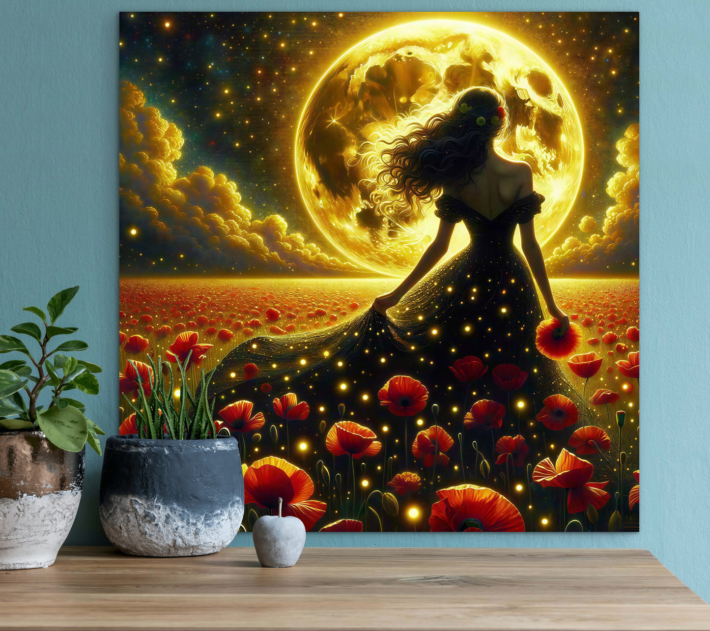 Framed Canvas - Vibrant Poppies Whimsical Full Moon Bride in Poppy Field, Wall Art Ready to hang Oil Painting Original Artwork Print Black Wedding Dress