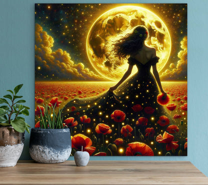 Framed Canvas - Vibrant Poppies Whimsical Full Moon Bride in Poppy Field, Wall Art Ready to hang Oil Painting Original Artwork Print Black Wedding Dress