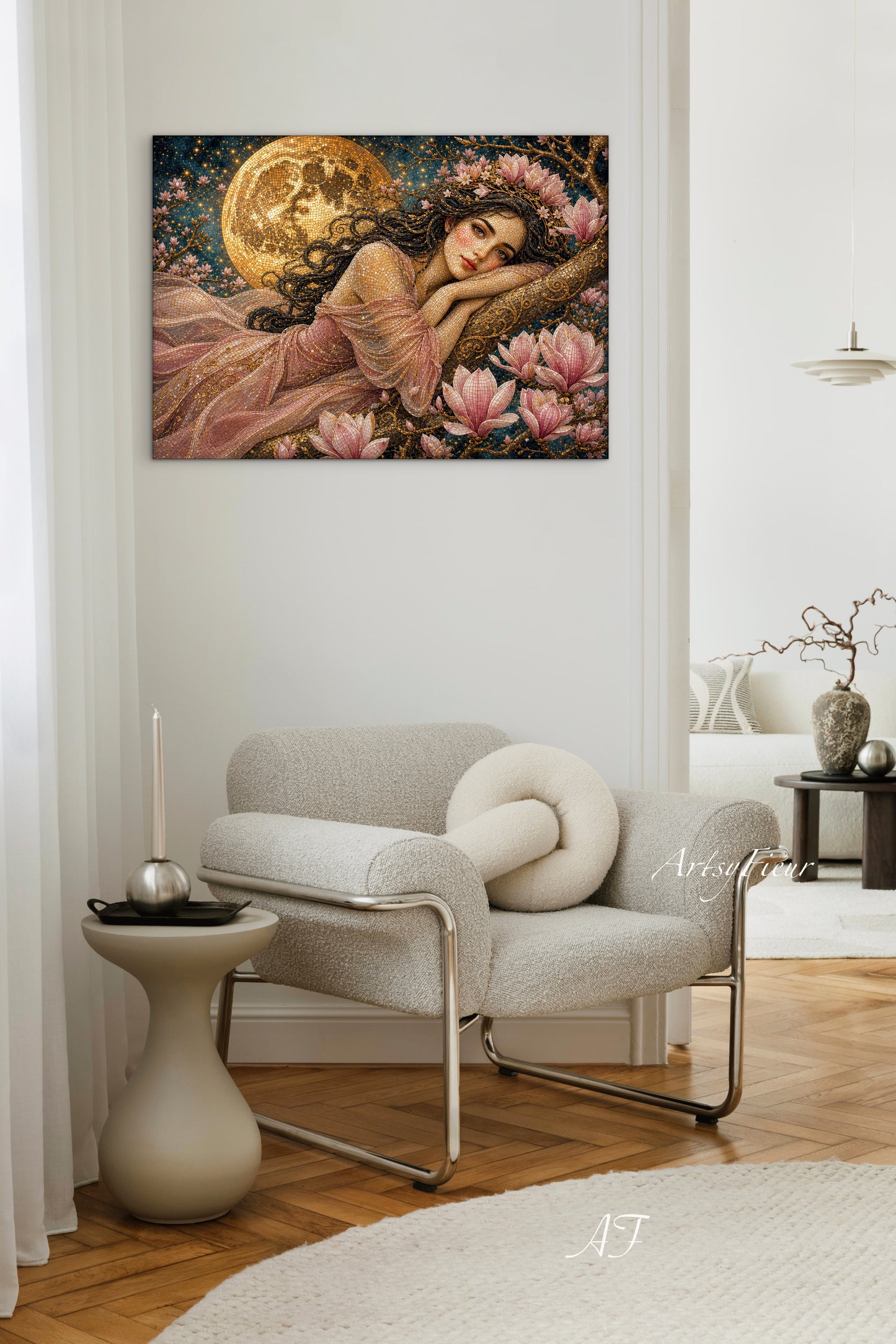 Framed Canvas- Vibrant Magnolia Flowers Beautiful Brunette Woman’s Abstract Portrait Mosaic Original Artwork Fantasy Wall Art Print