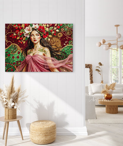 Framed Canvas- Vibrant Magnolia Flowers Beautiful Brunette Woman’s Abstract Portrait Mosaic Original Artwork Fantasy Wall Art Print Mother Nature