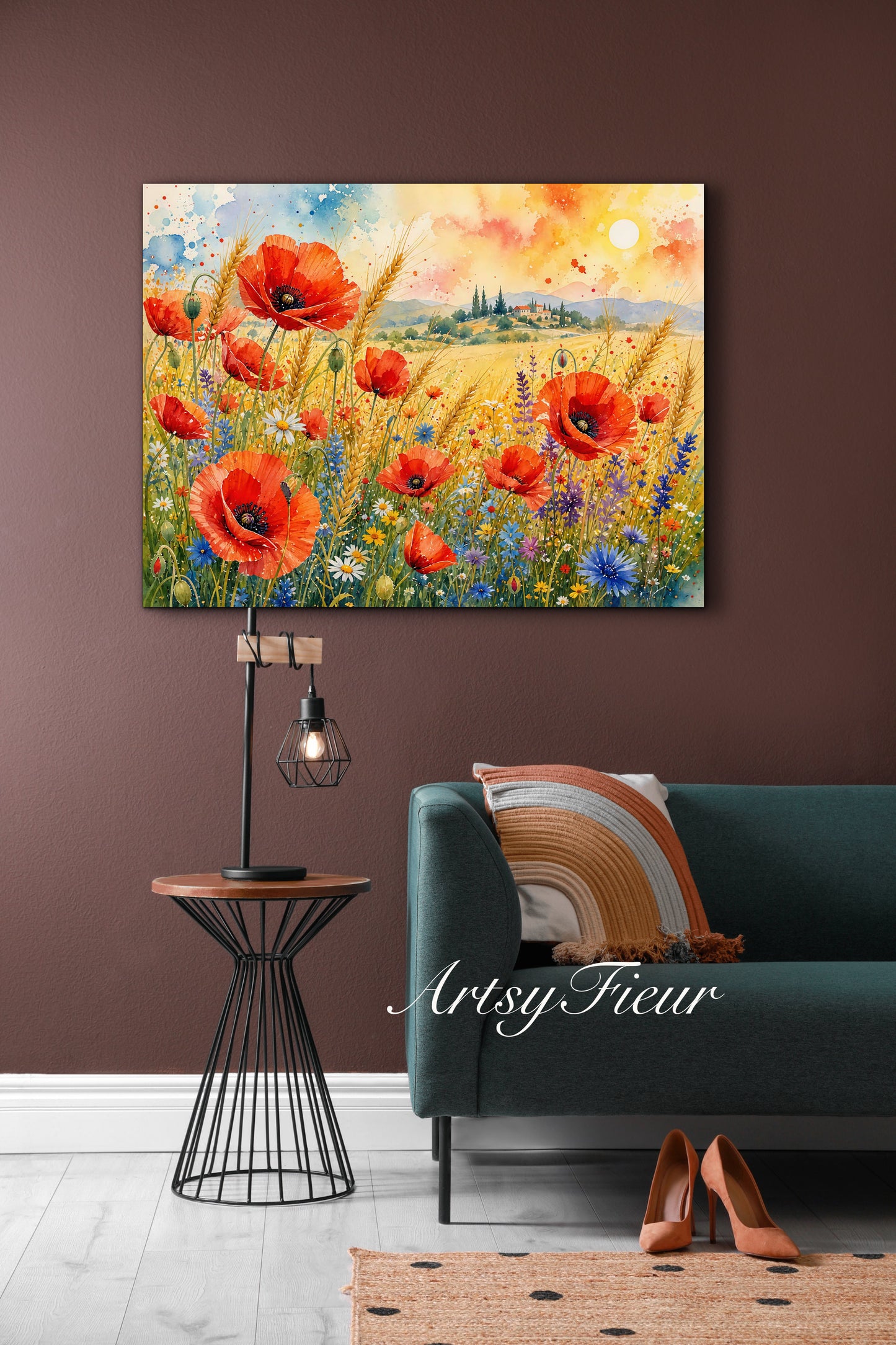 Framed Canvas Print- Vibrant Wildflowers and Poppies Oil Painting Textured Wall Art , Beautiful Original Artwork Ready to Hang Living Room, Floral