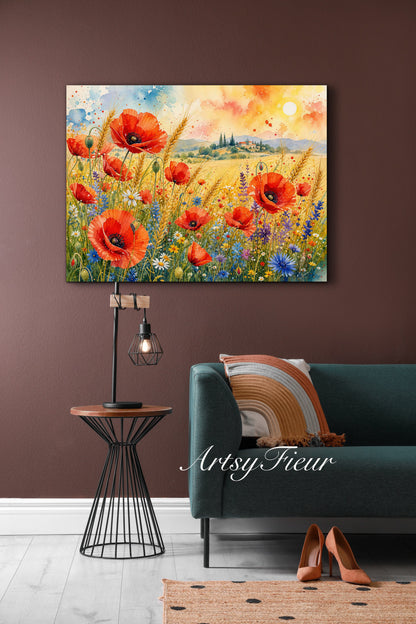 Framed Canvas Print- Vibrant Wildflowers and Poppies Oil Painting Textured Wall Art , Beautiful Original Artwork Ready to Hang Living Room, Floral