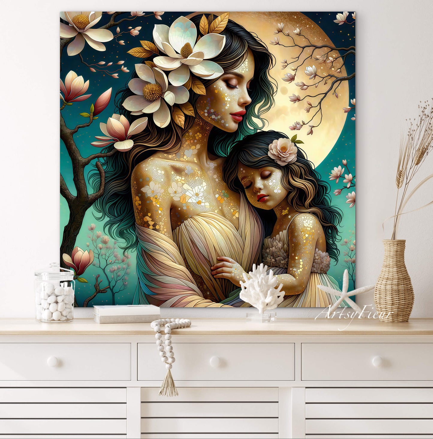 Framed canvas- ready to hang wall art print, abstract mother and daughter portrait Mosaic Magnolia Flowers