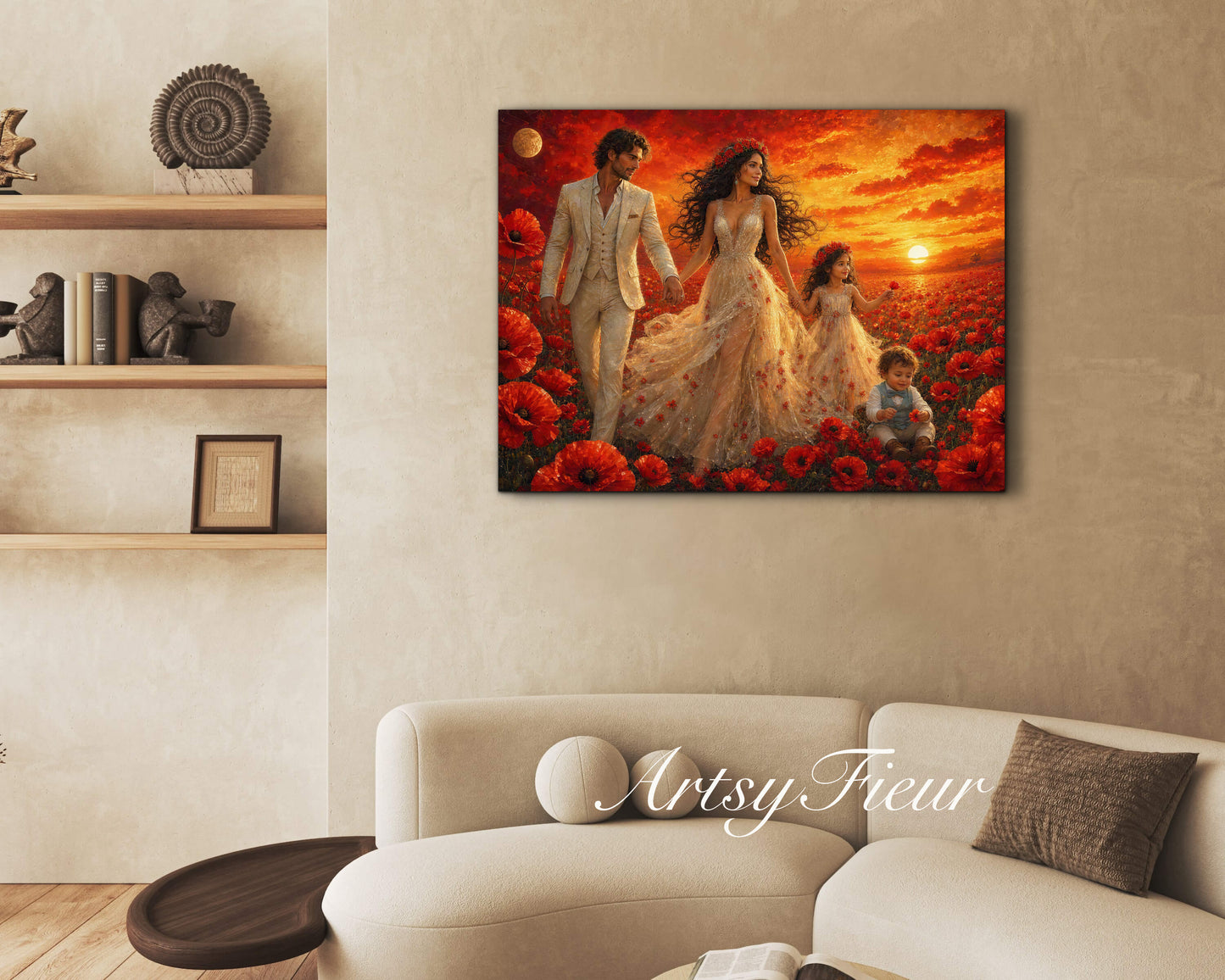 Framed Canvas- Vibrant Poppies Field Bride Groom Mother Daughter and Baby boy Portrait Whimsical Full Moon Sunset Fantasy Oil Painting Wall Art Print