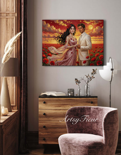 Framed canvas- whimsical full moon sunset bride and groom, wedding, poppy field, vibrant colours living room original artwork, fantasy oil painting wall art print