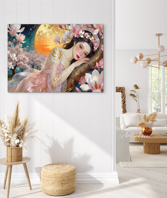 Framed Canvas- Vibrant Magnolia Flowers Beautiful Brunette Woman’s Abstract Portrait Mosaic Original Artwork Fantasy Wall Art Print
