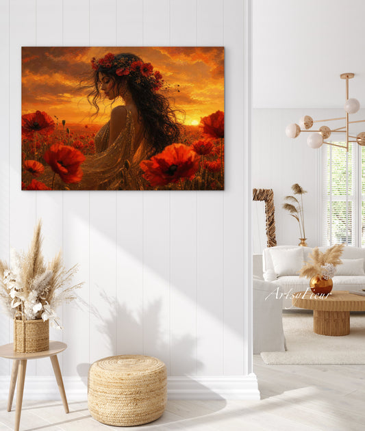 Framed Canvas - Vibrant Poppies Whimsical Full Moon Bride in Poppy Field, Wall Art Ready to hang Oil Painting Original Artwork Print