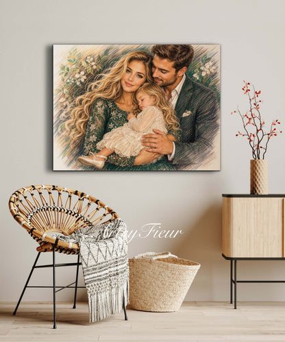 Framed Canvas- Vibrant Mother and Daughter Dad Family Portrait Fantasy Drawing Wall Art Print