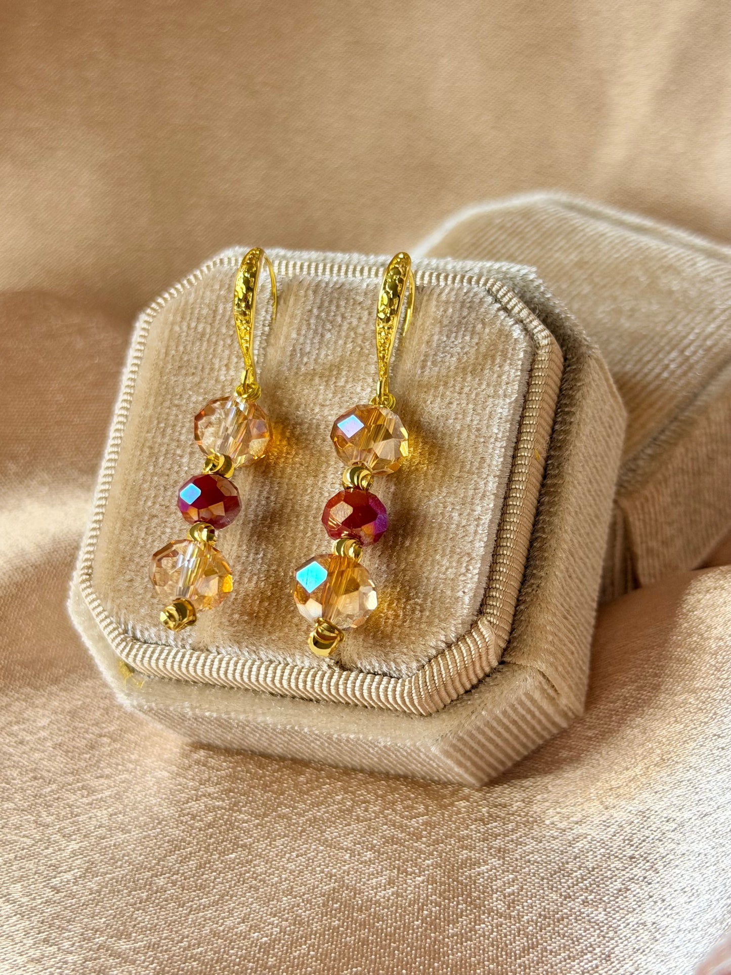 Handmade Long Drop Earrings Champagne Red Crystal Hypoallergenic Vibrant colours