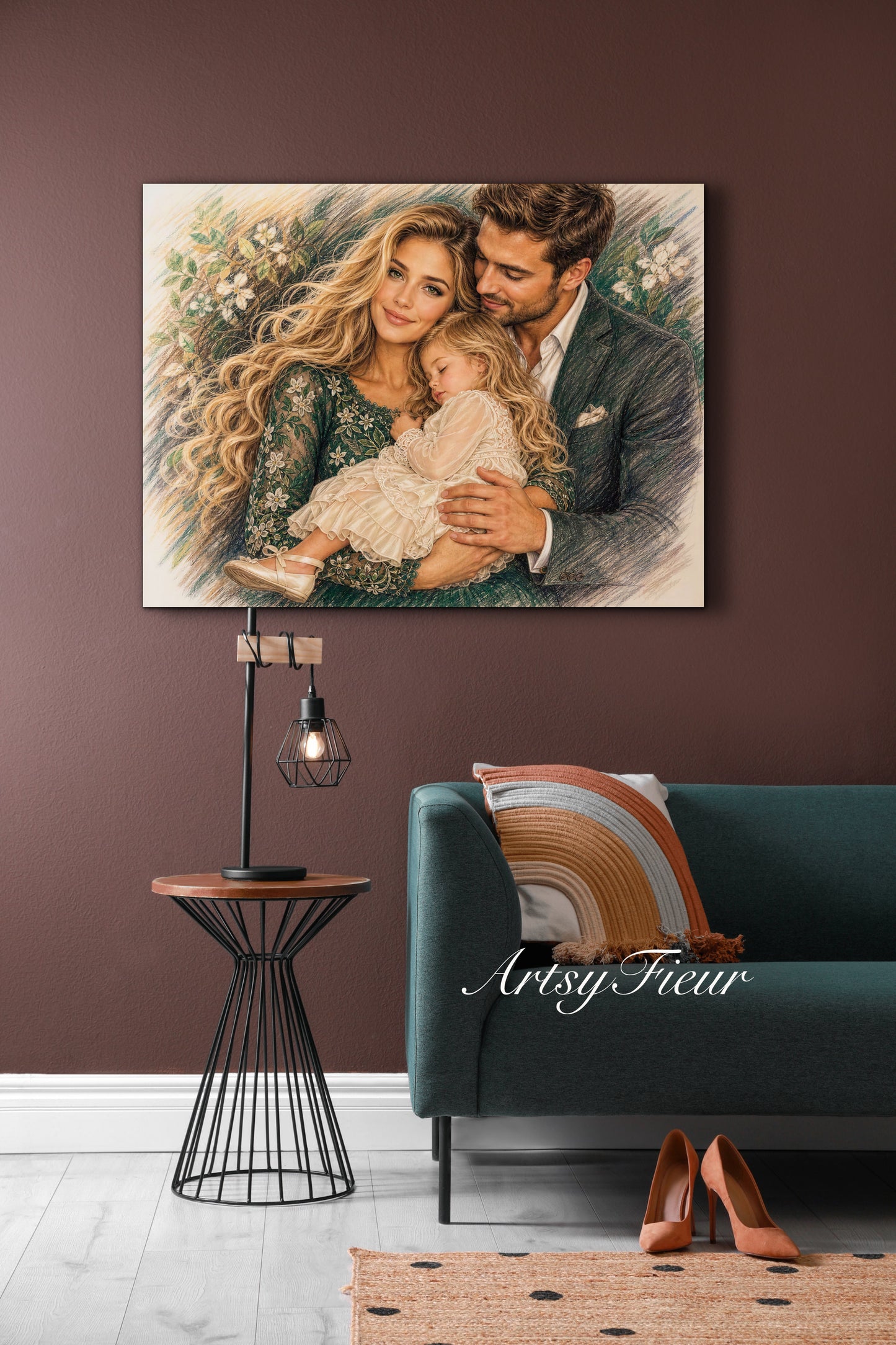 Framed Canvas- Vibrant Mother and Daughter Dad Family Portrait Fantasy Drawing Wall Art Print