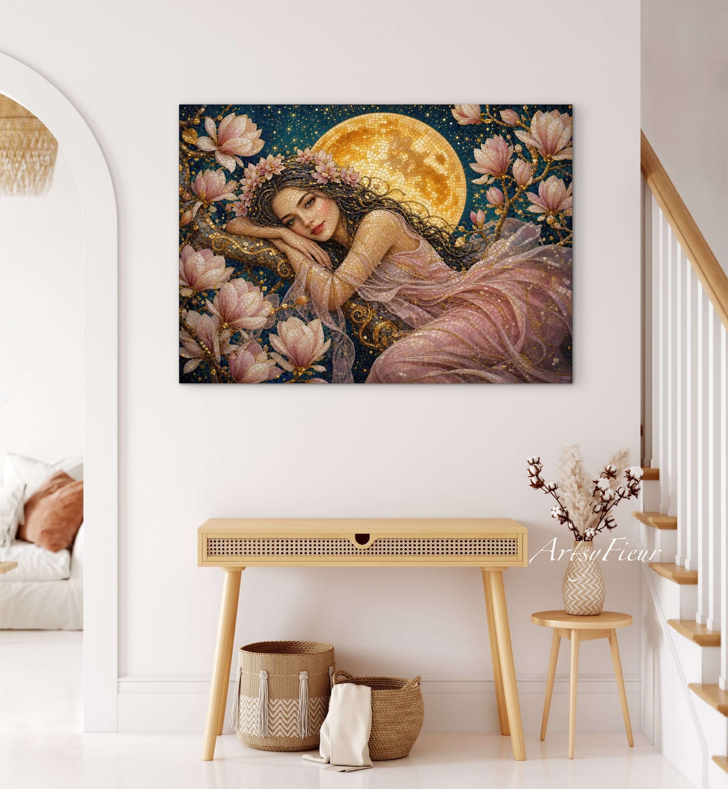 Framed Canvas- Vibrant Magnolia Flowers Beautiful Brunette Woman’s Abstract Portrait Mosaic Original Artwork Fantasy Wall Art Print