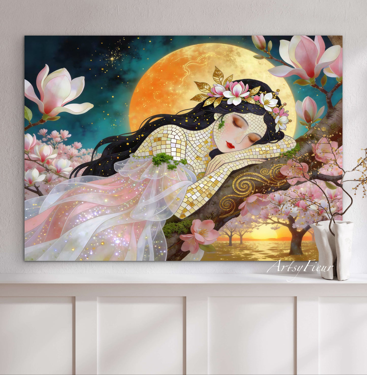 Framed Canvas- Vibrant Magnolia Flowers Beautiful Brunette Woman’s Abstract Portrait Mosaic Original Artwork Fantasy Wall Art Print Mother Nature