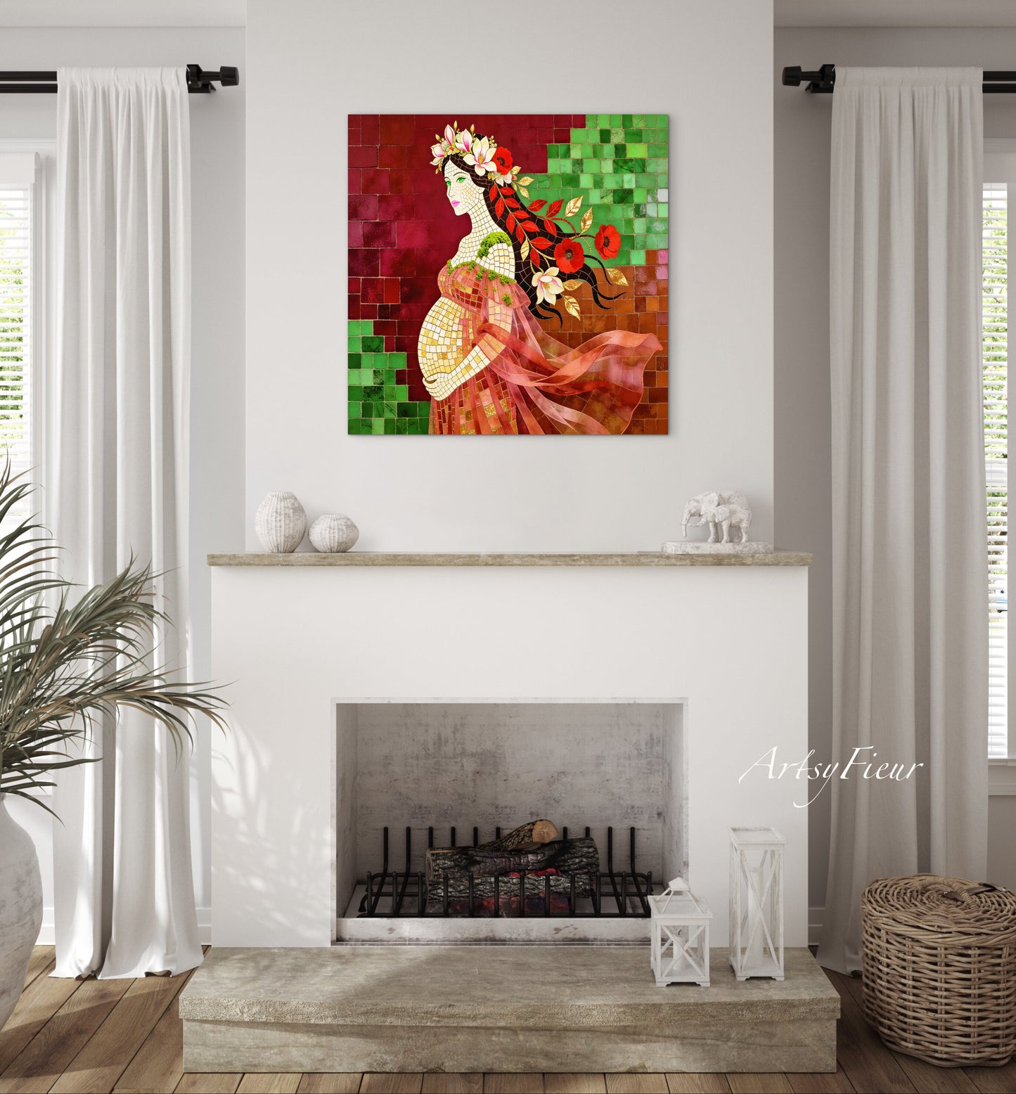 Framed Canvas- Vibrant Magnolia Flowers Beautiful Brunette Pregnant Woman’s Abstract Portrait Mosaic Original Artwork Fantasy Wall Art Print Mother Nature