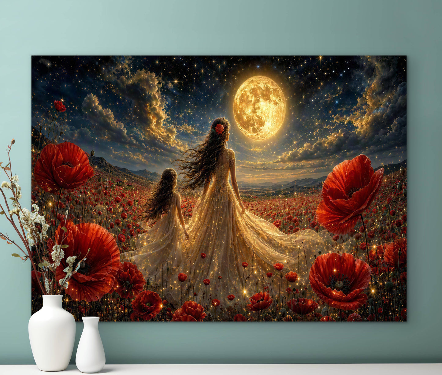 Framed Canvas- Vibrant Poppies Field Bride Mother and Daughter Portrait Whimsical Full Moon Sunset Fantasy Oil Painting Wall Art Print