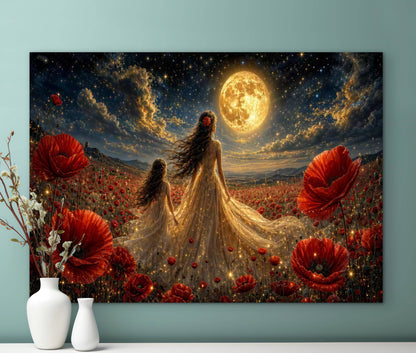 Framed Canvas- Vibrant Poppies Field Bride Mother and Daughter Portrait Whimsical Full Moon Sunset Fantasy Oil Painting Wall Art Print