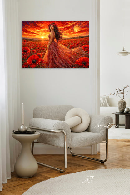 Framed Canvas - Vibrant Poppies Whimsical Full Moon Bride in Poppy Field, Wall Art Ready to hang Oil Painting Original Artwork Print