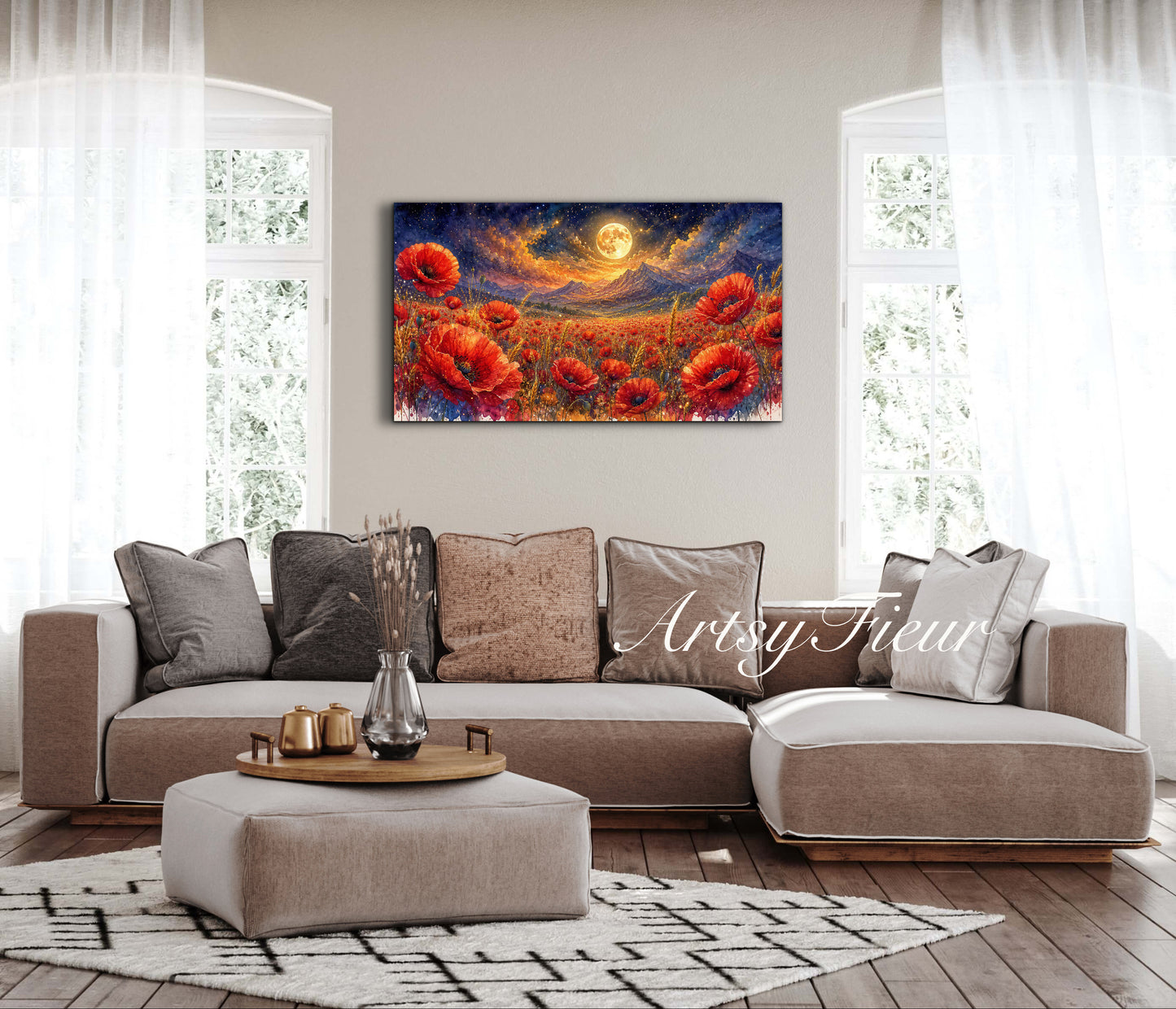 ArtsyFieur Framed Canvas - vibrant poppies whimsical lights full moon living room colourful wall art