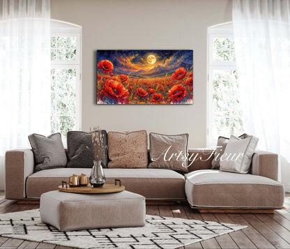 ArtsyFieur Framed Canvas - vibrant poppies whimsical lights full moon living room colourful wall art