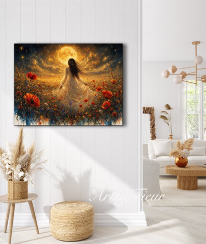 Framed Canvas - Vibrant poppies and wildflowers Whimsical Full Moon starry night sky Bride in Poppy Field, Wall Art Ready to hang original Artwork Print