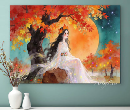 Framed Canvas- Vibrant Colours Beautiful Brunette Asian Woman Under the Maple Tree Abstract Portrait Original Artwork Fantasy Autumn Wall Art Print