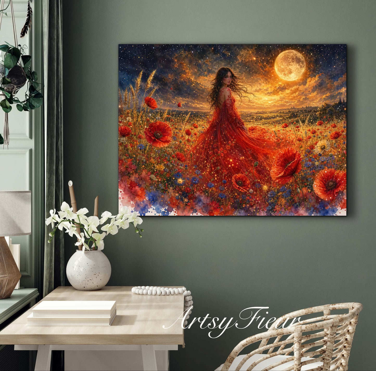 Framed Canvas - Vibrant poppies and wildflowers Whimsical Full Moon starry night sky Bride in Poppy Field, Wall Art Ready to hang original Artwork Print Red Dress
