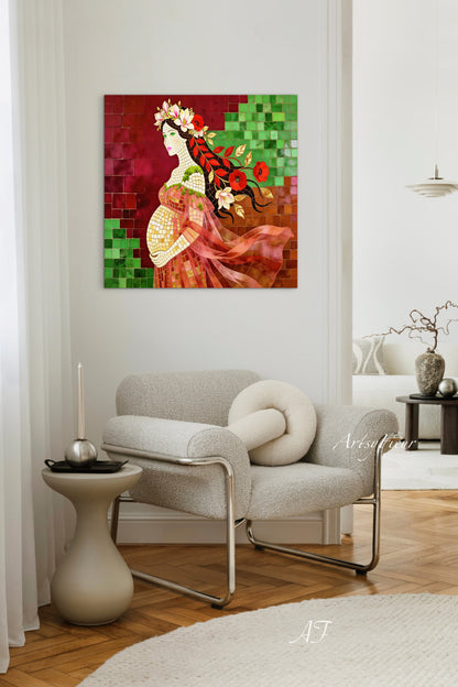 Framed Canvas- Vibrant Magnolia Flowers Beautiful Brunette Pregnant Woman’s Abstract Portrait Mosaic Original Artwork Fantasy Wall Art Print Mother Nature
