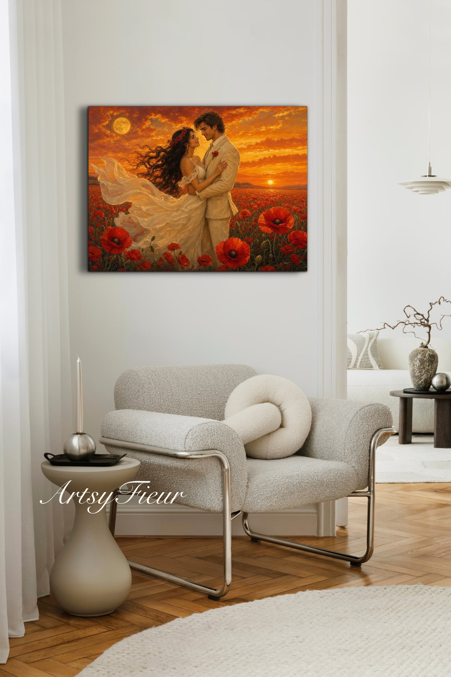 Framed canvas- whimsical full moon sunset bride and groom, wedding, poppy field, vibrant colours living room original artwork, fantasy oil painting wall art print